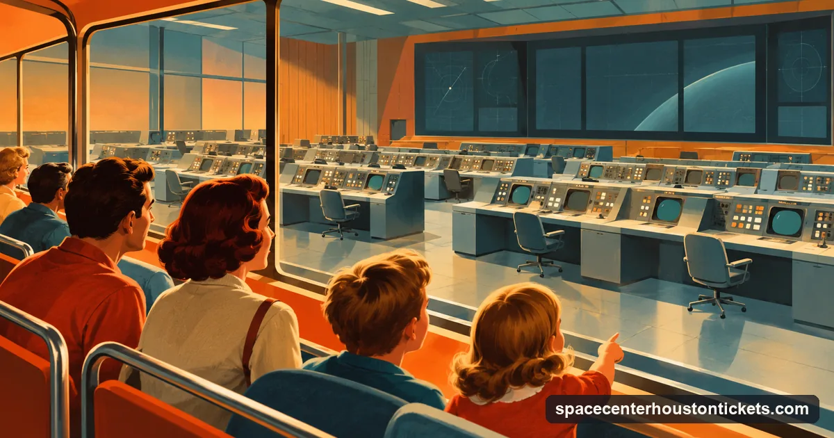 A retro-futurist airbrush picture of tram tour visitors looking into a 1960s-style mission control room