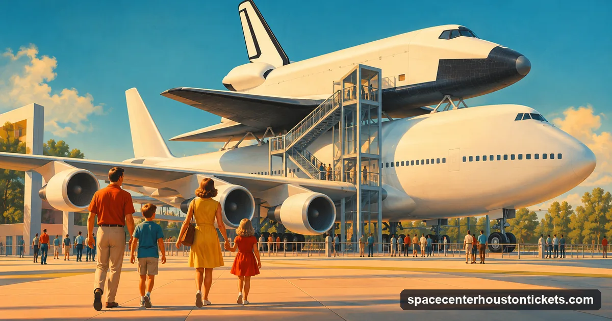A retro-futurist airbrush picture of a family walking towards a space shuttle replica mounted on a jumbo jet