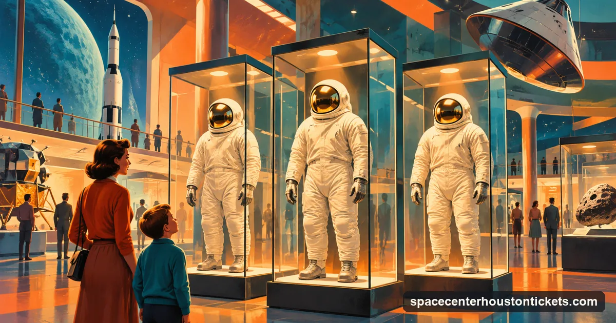 A retro-futurist airbrush picture of a child and parent looking at spacesuits in glass cases in a museum gallery